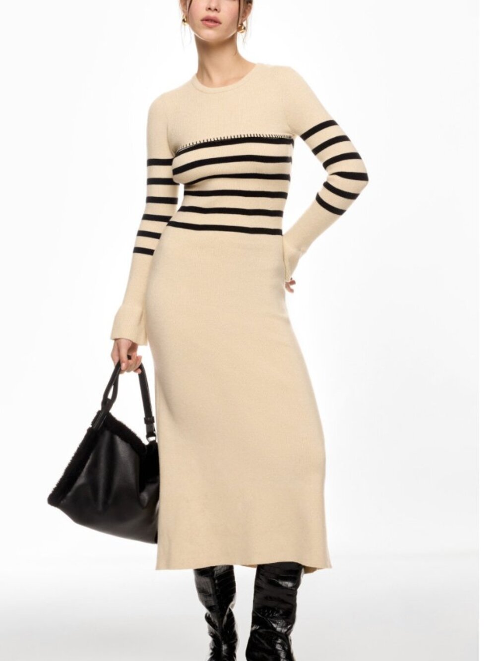 Mon Renn Rhythm Stripe Mix Dress Beige & Black Striped Long Knit Dress